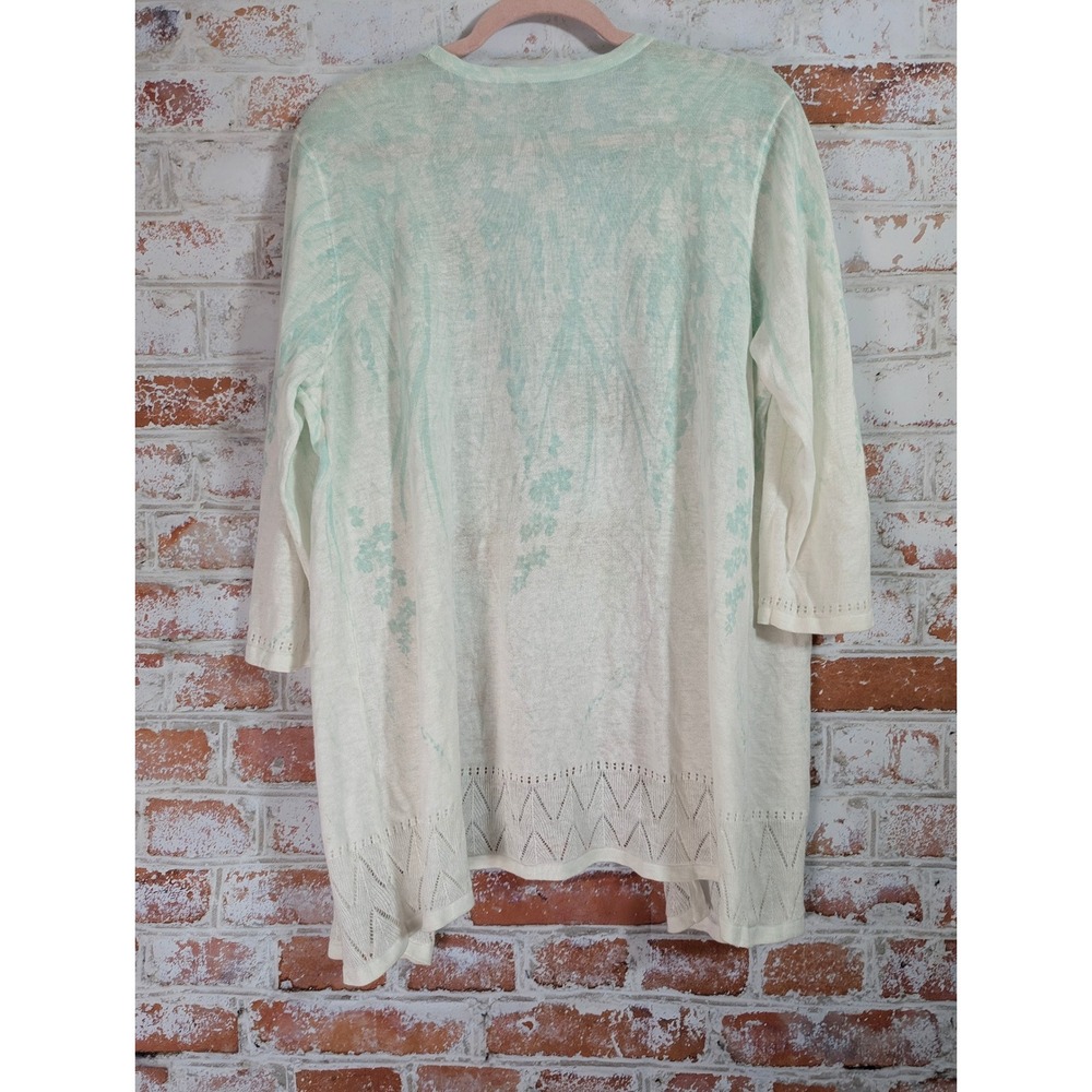 Chico's Cardigan Women 2 White Mint Green Floral Open Front Pointelle Knit - Picture 3 of 4